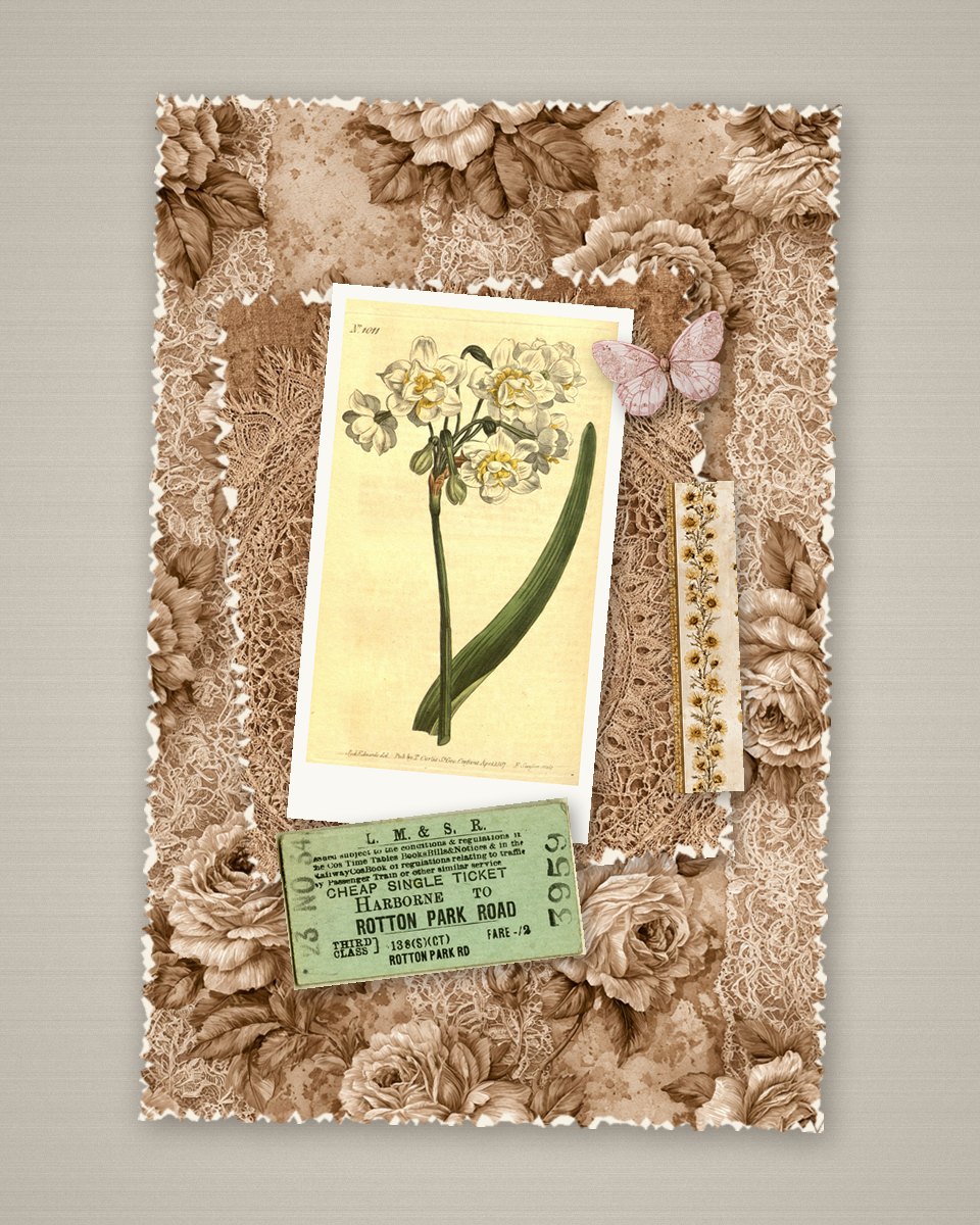 50 Junk Journal Ideas to Fill Every Page (Spreads, Themes & Techniques) 14 Layered junk journal page showing five layers: a rose background paper, a torn doily paper, a botanical daffodil print in a white frame, a gold lace strip and a green railway ticket