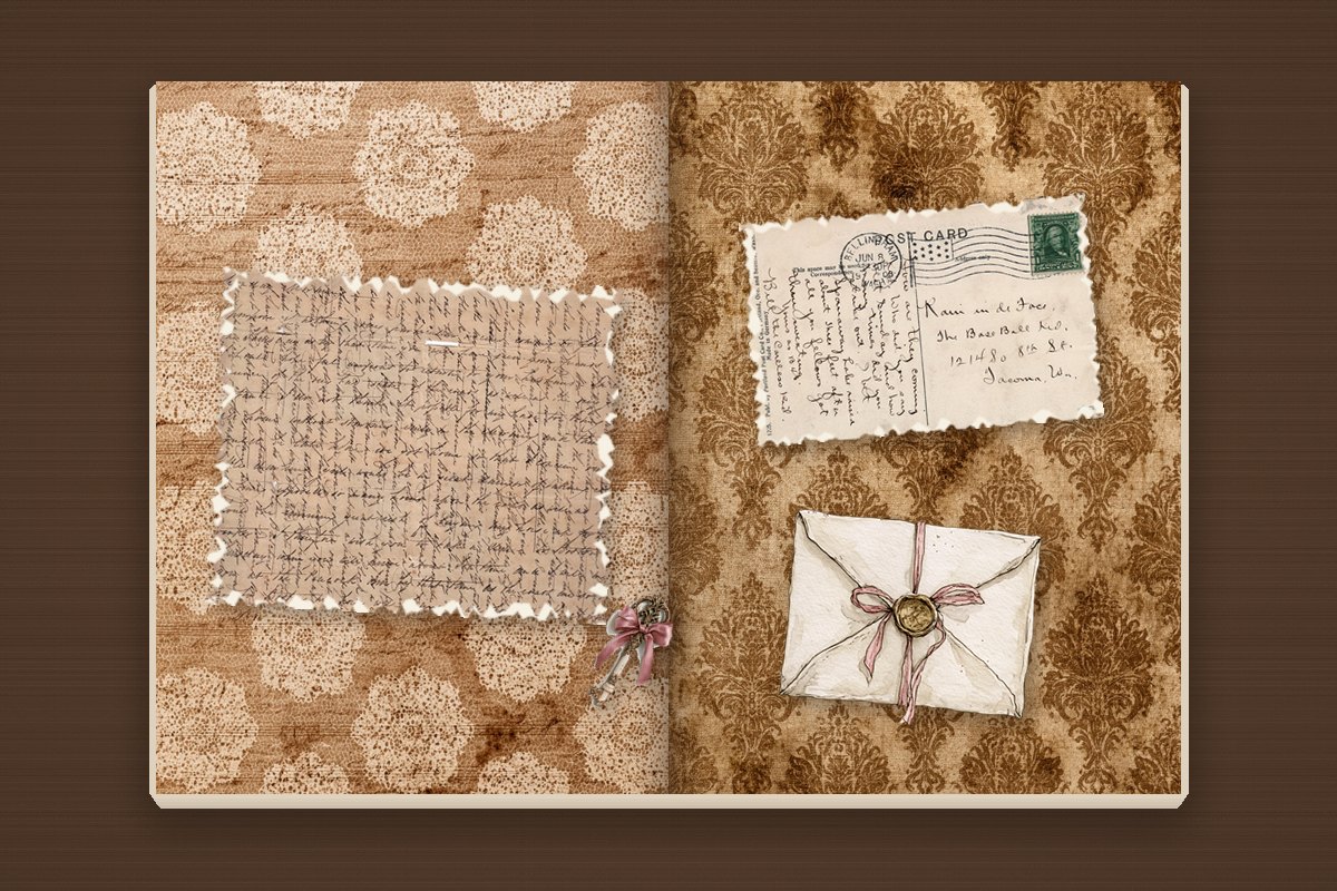 50 Junk Journal Ideas to Fill Every Page (Spreads, Themes & Techniques) 3 Junk journal spread with an antique crossed letter, a 1908 postcard back, a sealed envelope with a wax seal and a small vintage key