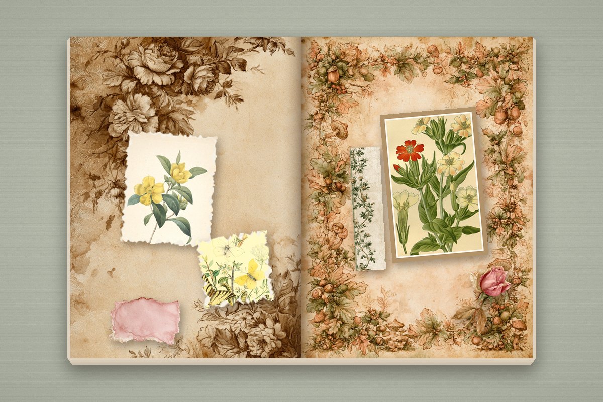 50 Junk Journal Ideas to Fill Every Page (Spreads, Themes & Techniques) 1 Junk journal mood board spread with vintage botanical prints, a butterfly plate, a sage lace strip, a pink rose and a torn pink paper scrap