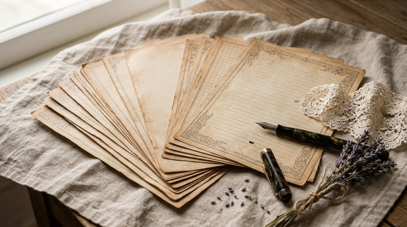 Stack of aged sepia printable journal papers fanned out on a linen cloth with a fountain pen, lace and dried lavender