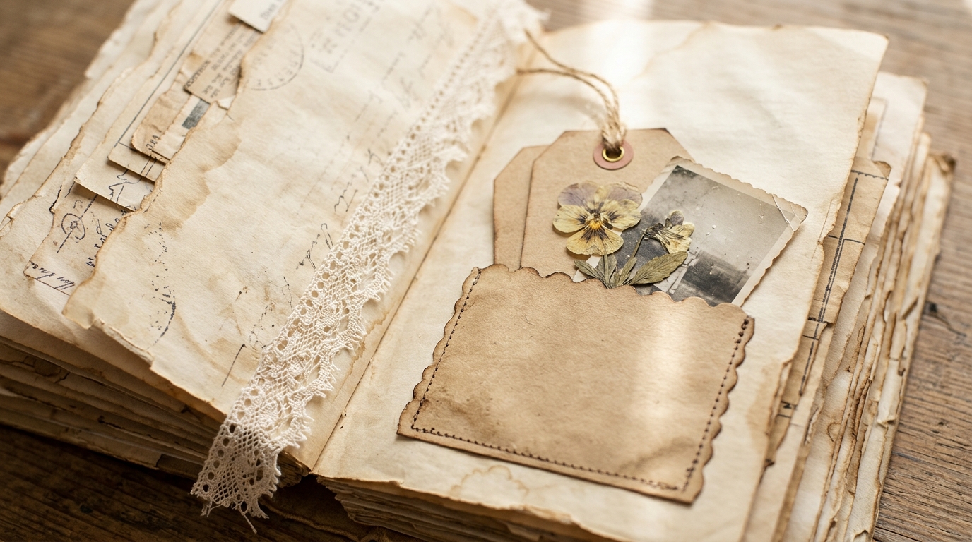 Junk journal spread with a scalloped paper pocket holding a kraft tag, a pressed pansy and a small old photograph, next to a strip of lace