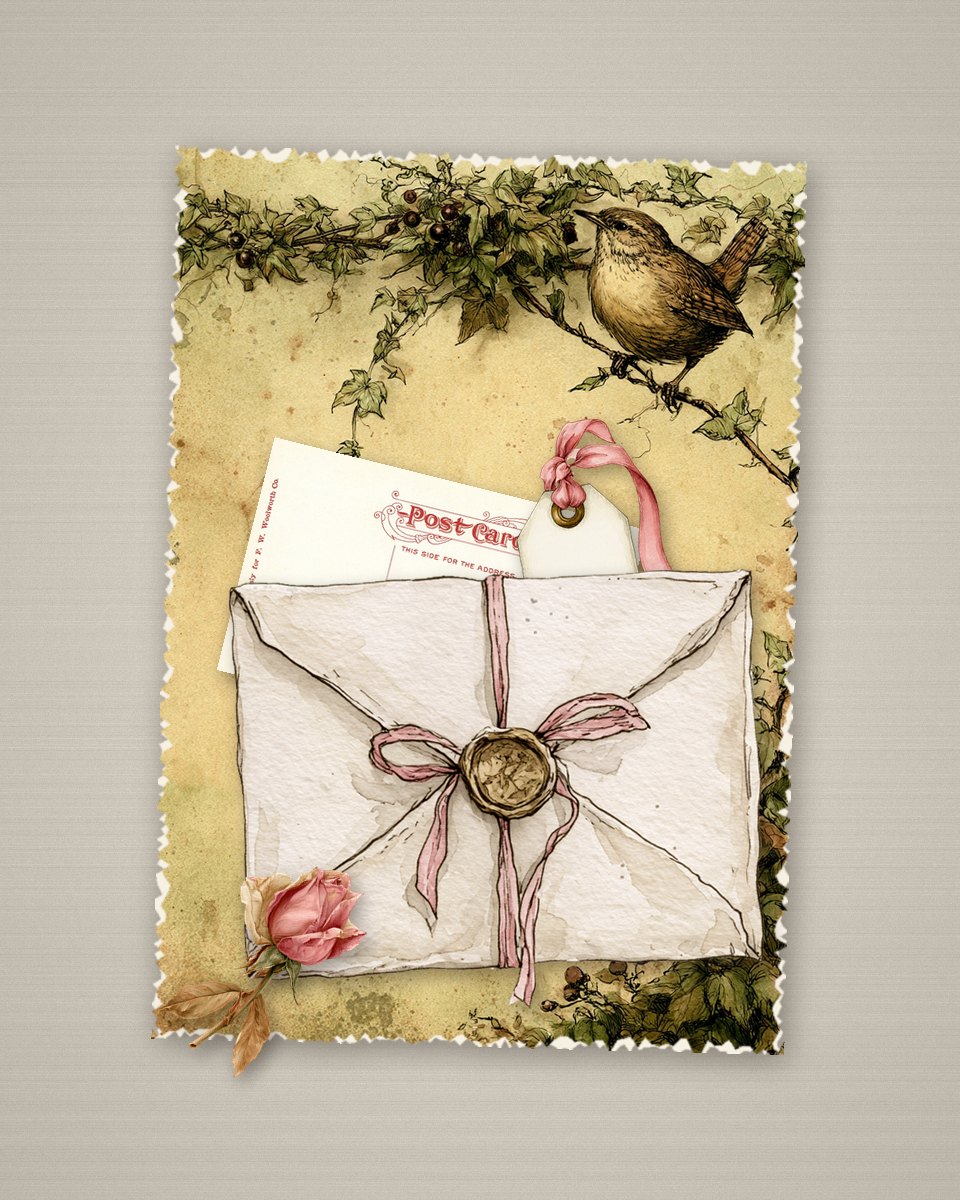 50 Junk Journal Ideas to Fill Every Page (Spreads, Themes & Techniques) 5 Junk journal page with a sealed vintage envelope pocket holding a vintage postcard and a kraft tag with a pink ribbon peeking out