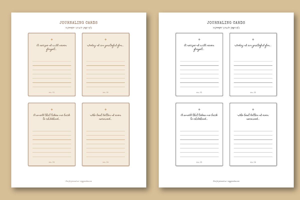 Free printable journaling cards for a junk journal, with a handwritten-style prompt and ruled lines, in colour and in black and white