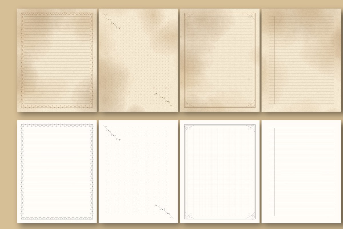 Free printable vintage junk journal pages: six aged sepia papers with lace, dotted, grid and ledger designs, shown in colour above and in black and white below