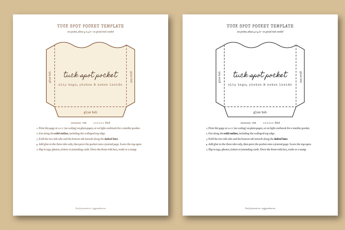 Free junk journal pocket template with a scalloped top edge, cut lines, fold lines and glue tabs, in colour and in black and white