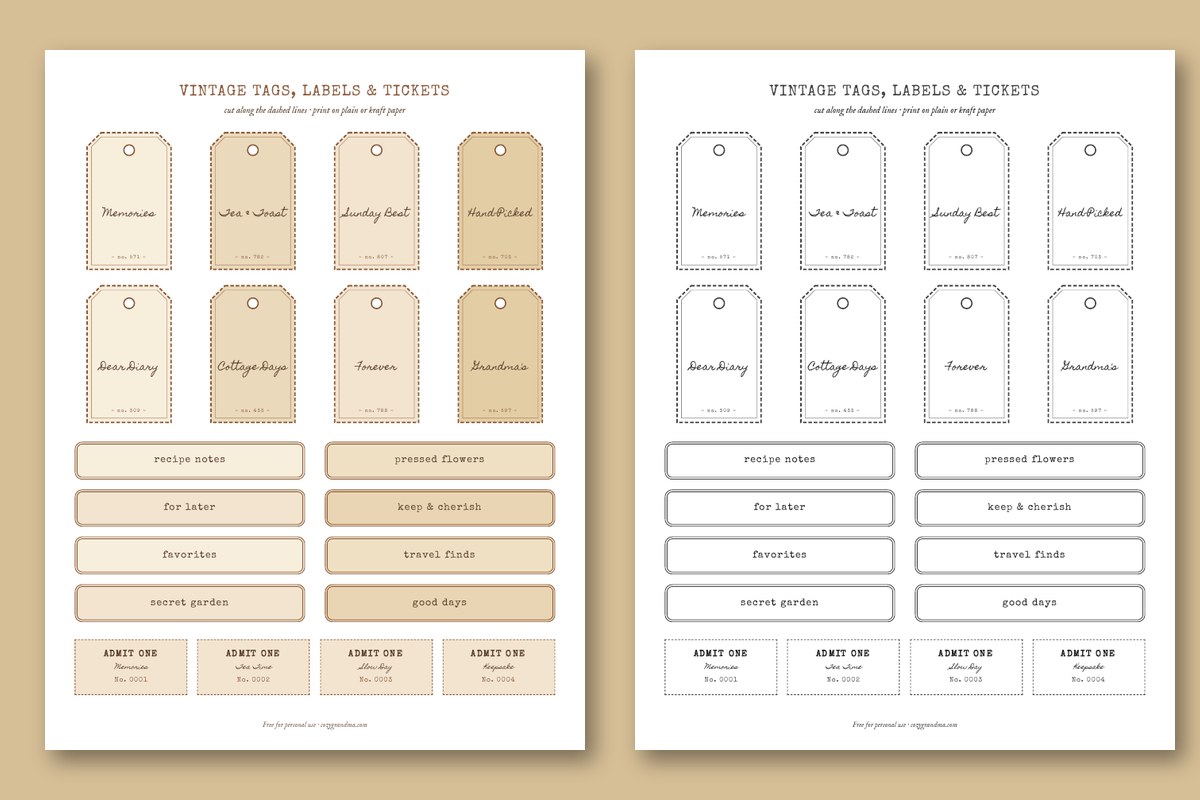 Free printable junk journal ephemera sheet with eight vintage tags, eight labels and four ticket stubs, in colour and in black and white