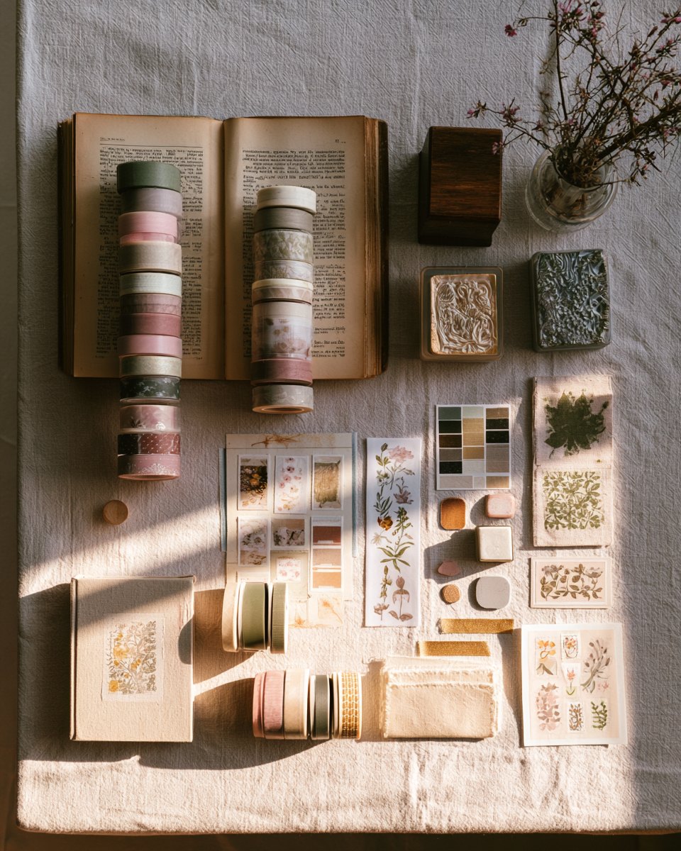 Vintage book pages beside modern washi tape rolls, rubber stamps and stickers