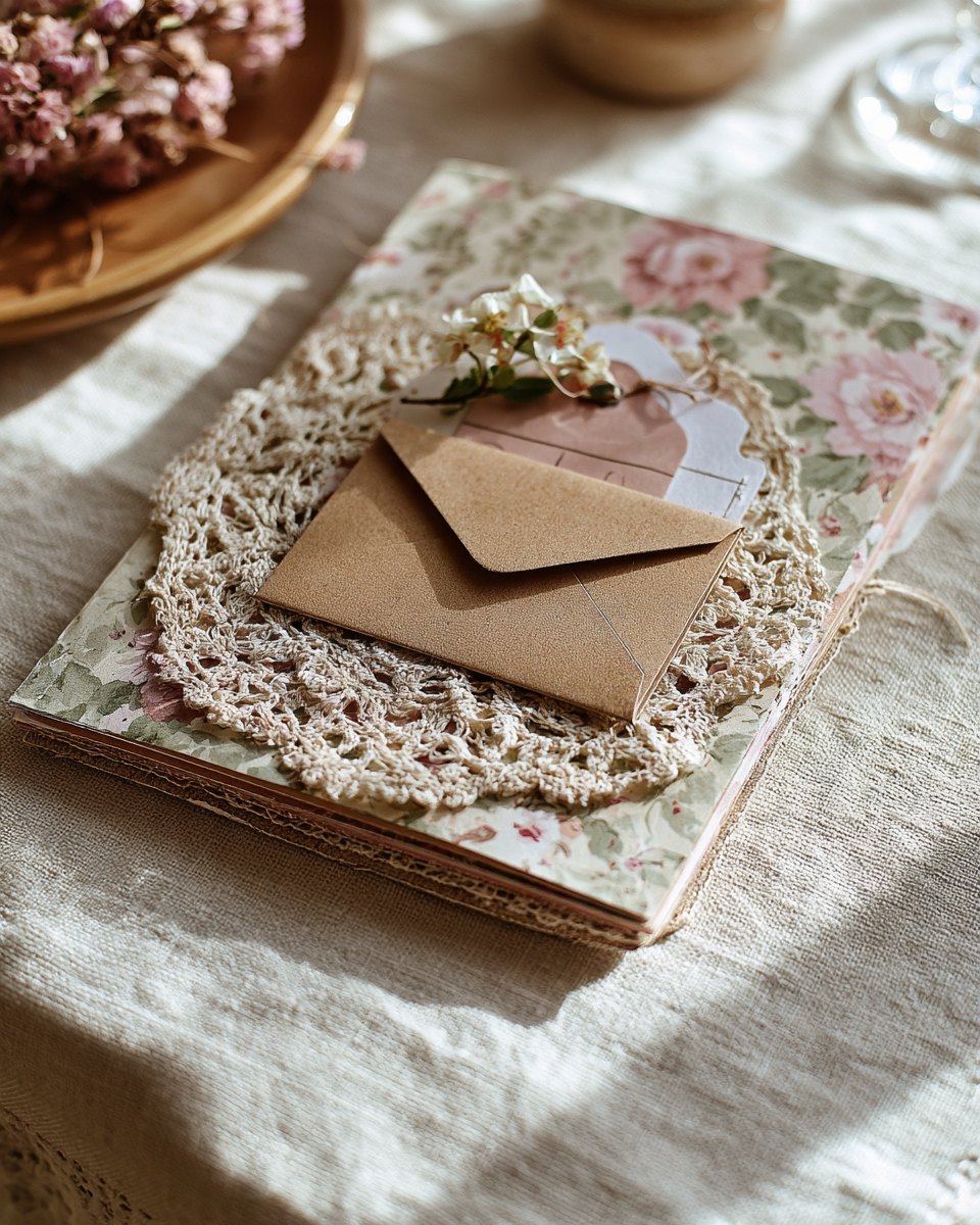 Close-up of a layered junk journal page with a doily, patterned paper, an envelope pocket and a tucked tag
