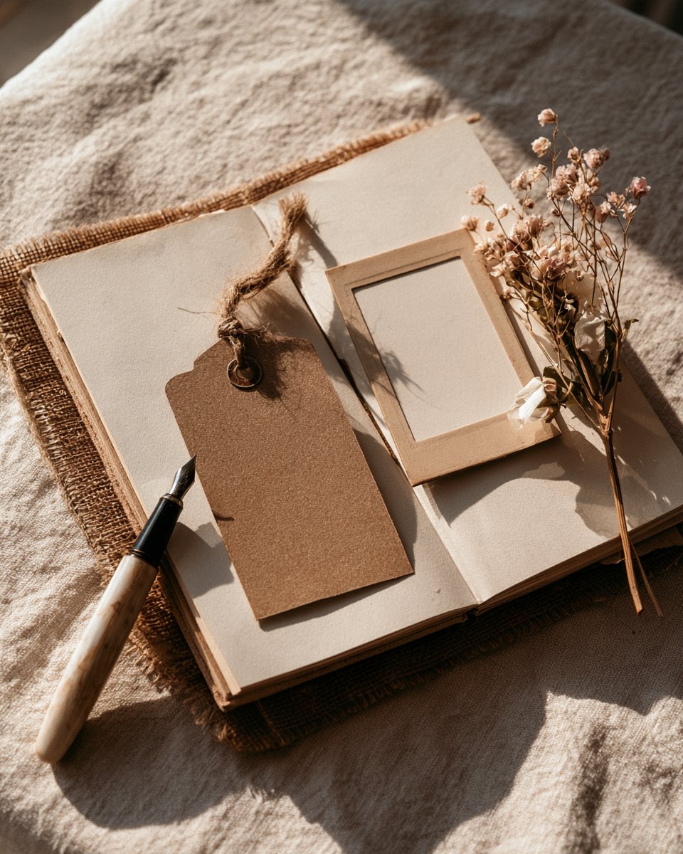 Junk journal spread with a blank kraft tag, an empty vintage photo frame and a fountain pen