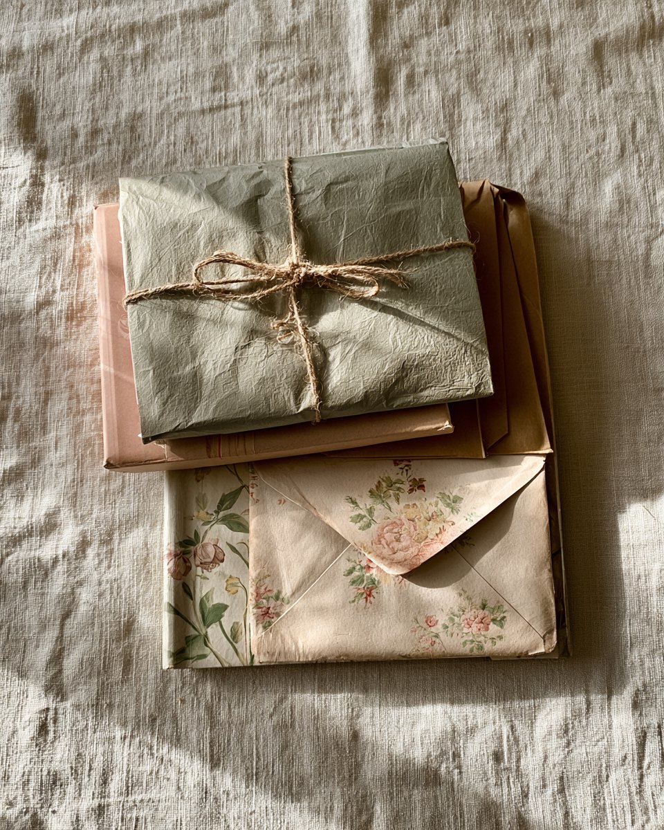 Bundles of kraft paper, old envelopes and floral wrapping paper tied with twine, ready to reuse as journal pages