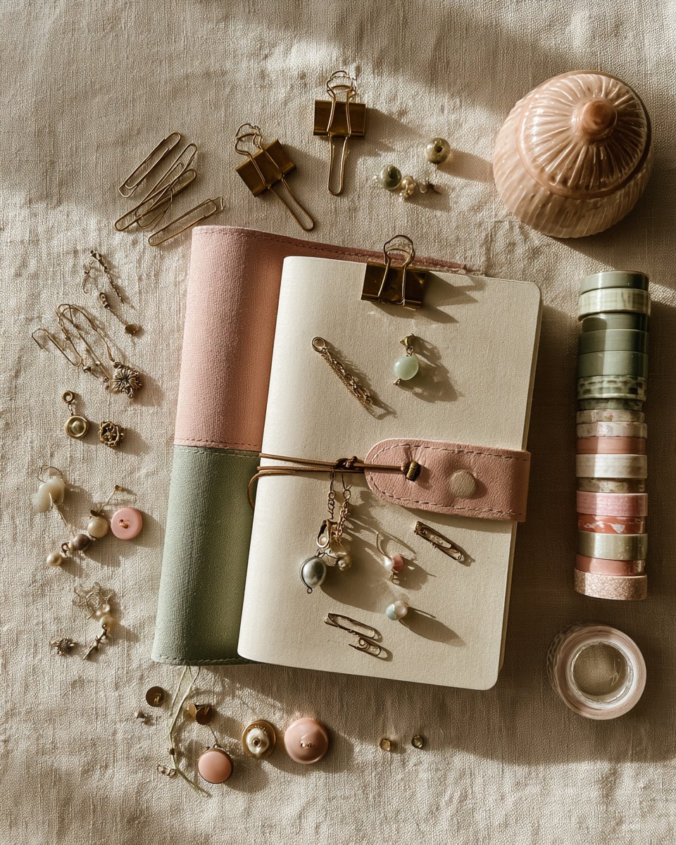 Brass paper clips, binder clips, small charms, buttons and washi tape around a junk journal