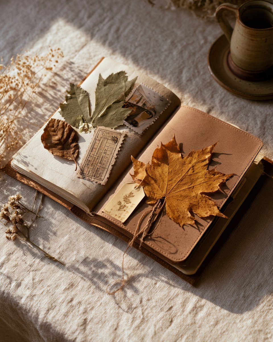 Autumn junk journal spread with pressed maple leaves, a vintage ticket and a small tag