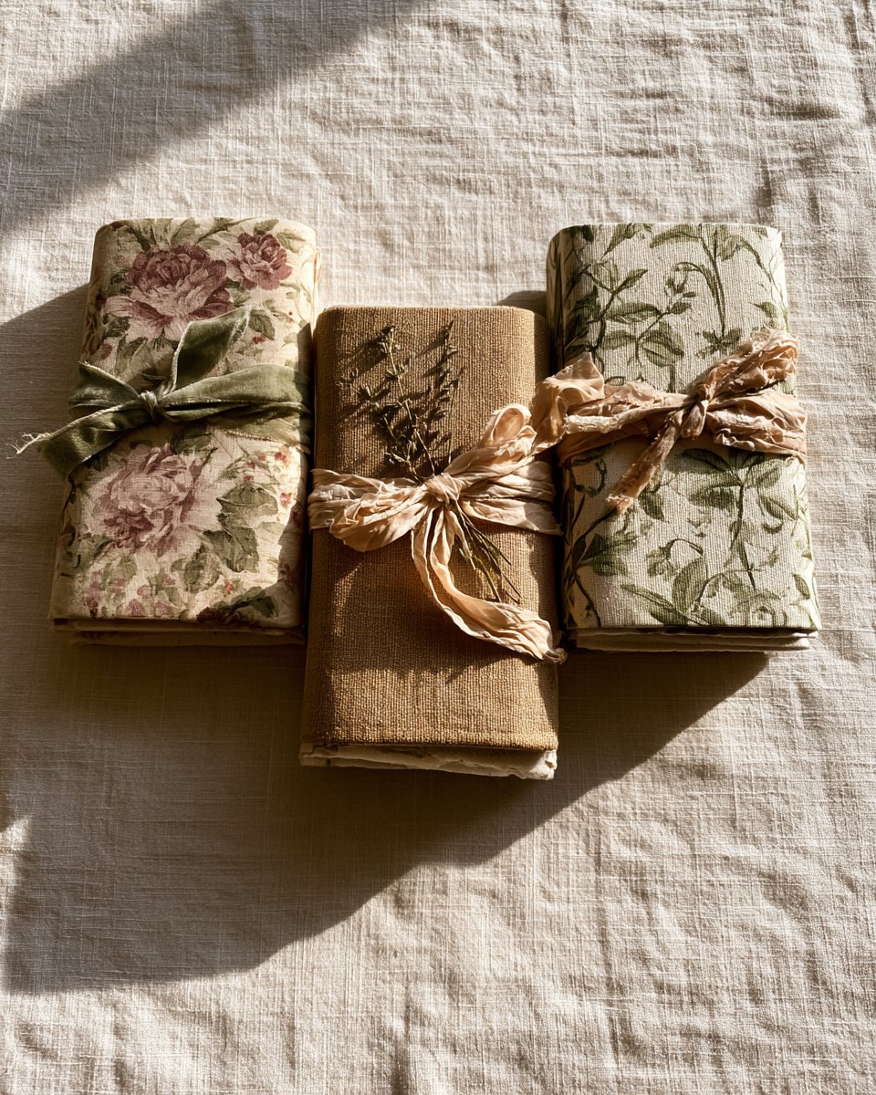 Three small junk journals in different styles: shabby chic floral, rustic kraft and botanical green