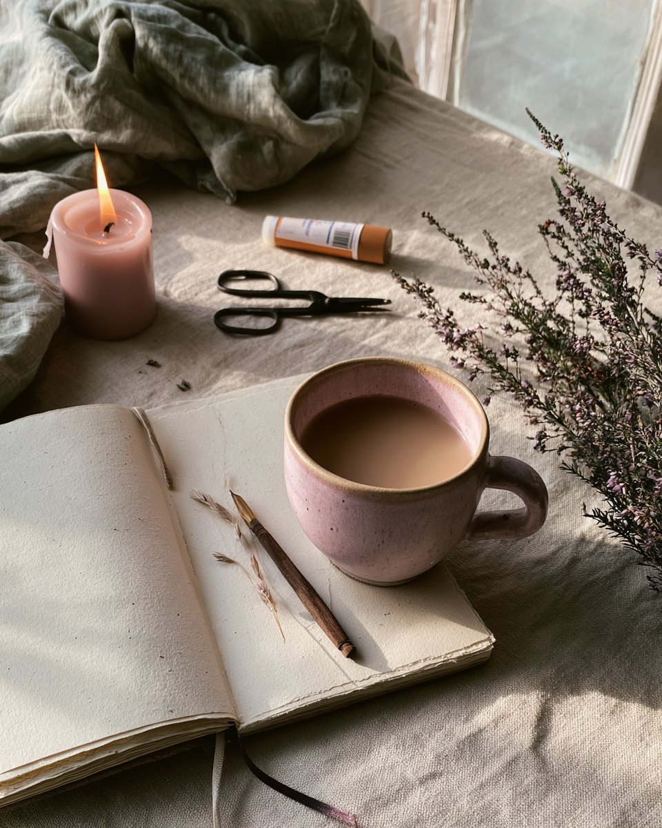 Cozy craft corner with an open journal, tea in a pink mug, a candle, scissors and a glue stick