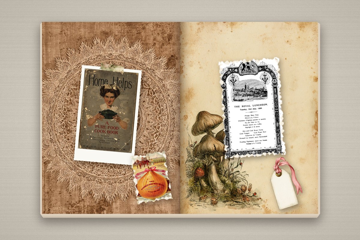 50 Junk Journal Ideas to Fill Every Page (Spreads, Themes & Techniques) 2 Vintage recipe junk journal spread with an old Home Helps cookbook cover, a Victorian menu card, a seed catalog cover and a blank kraft tag