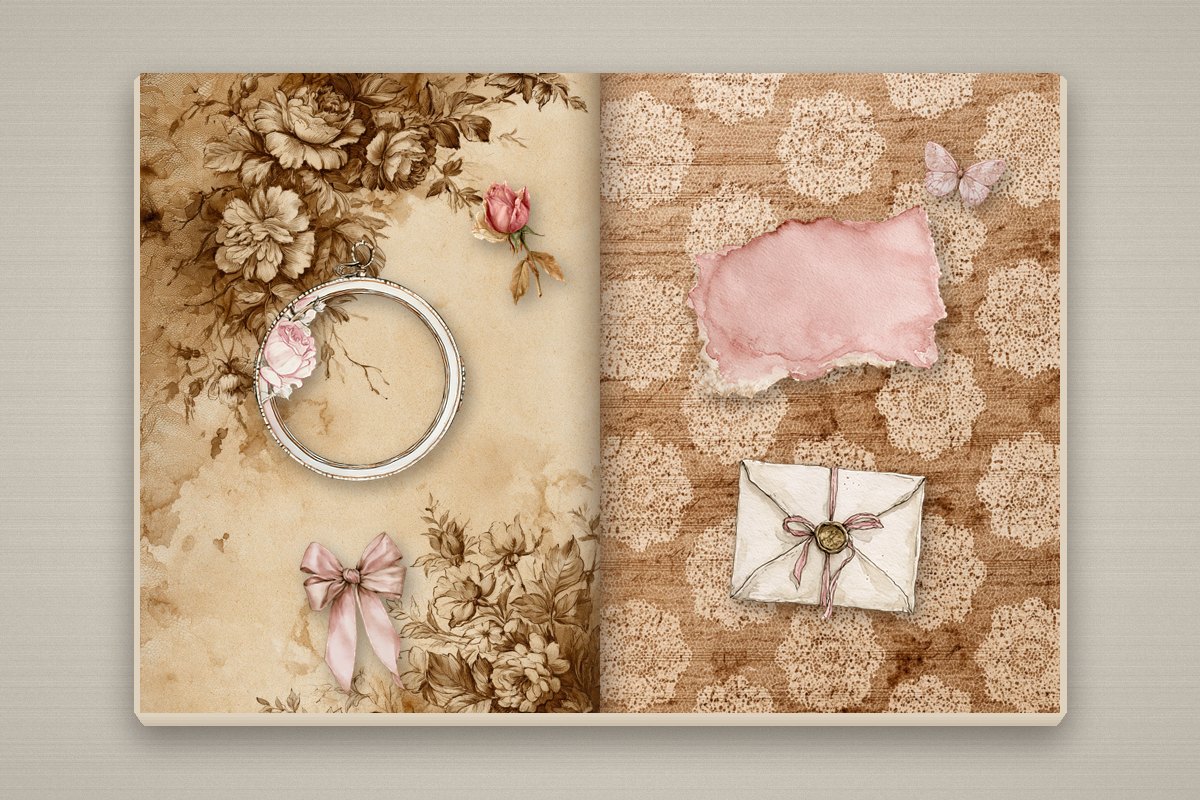 50 Junk Journal Ideas to Fill Every Page (Spreads, Themes & Techniques) 11 Shabby chic junk journal spread in blush pink with a round vintage frame, a pink watercolor scrap, a sealed envelope, a satin bow and a pink butterfly