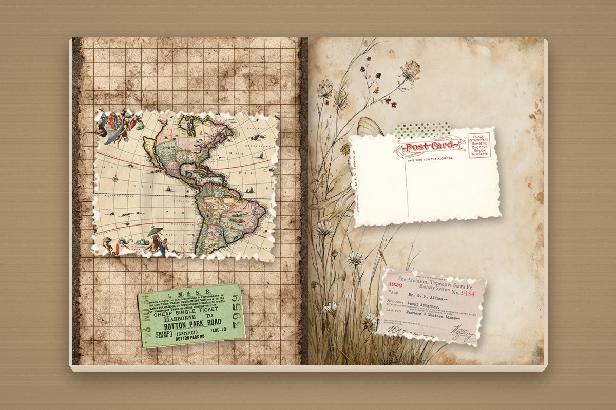50 Junk Journal Ideas to Fill Every Page (Spreads, Themes & Techniques) 4 Travel junk journal spread with a torn antique map of the Americas, two vintage railway tickets and a blank vintage postcard on grid paper