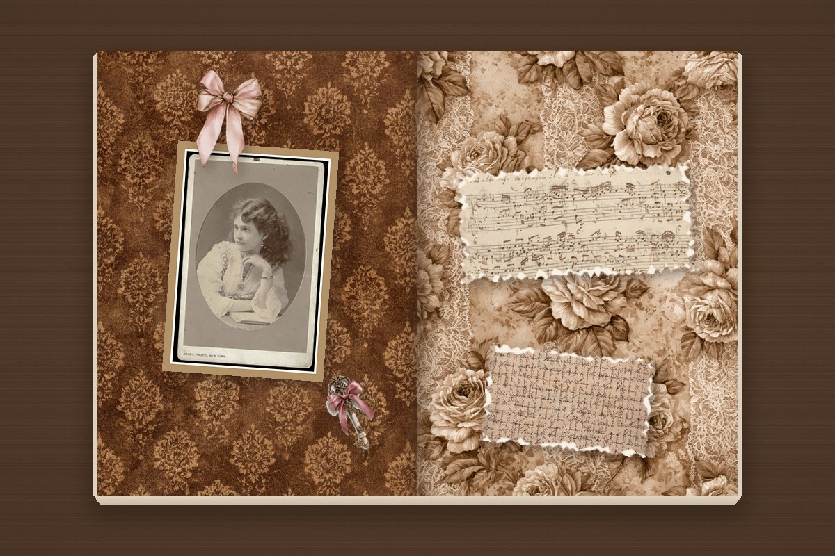 50 Junk Journal Ideas to Fill Every Page (Spreads, Themes & Techniques) 8 Vintage Victorian junk journal spread with a framed cabinet card portrait, torn antique sheet music, a fragment of handwritten letter, a key and a pink bow