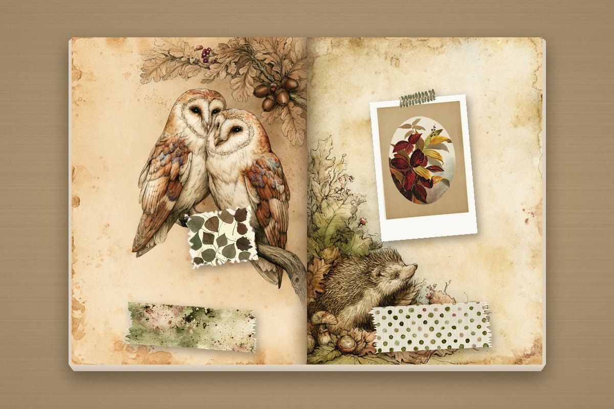 50 Junk Journal Ideas to Fill Every Page (Spreads, Themes & Techniques) 10 Woodland junk journal spread with barn owls and a hedgehog illustration, an autumn leaves print in a polaroid frame and two strips of woodland washi tape
